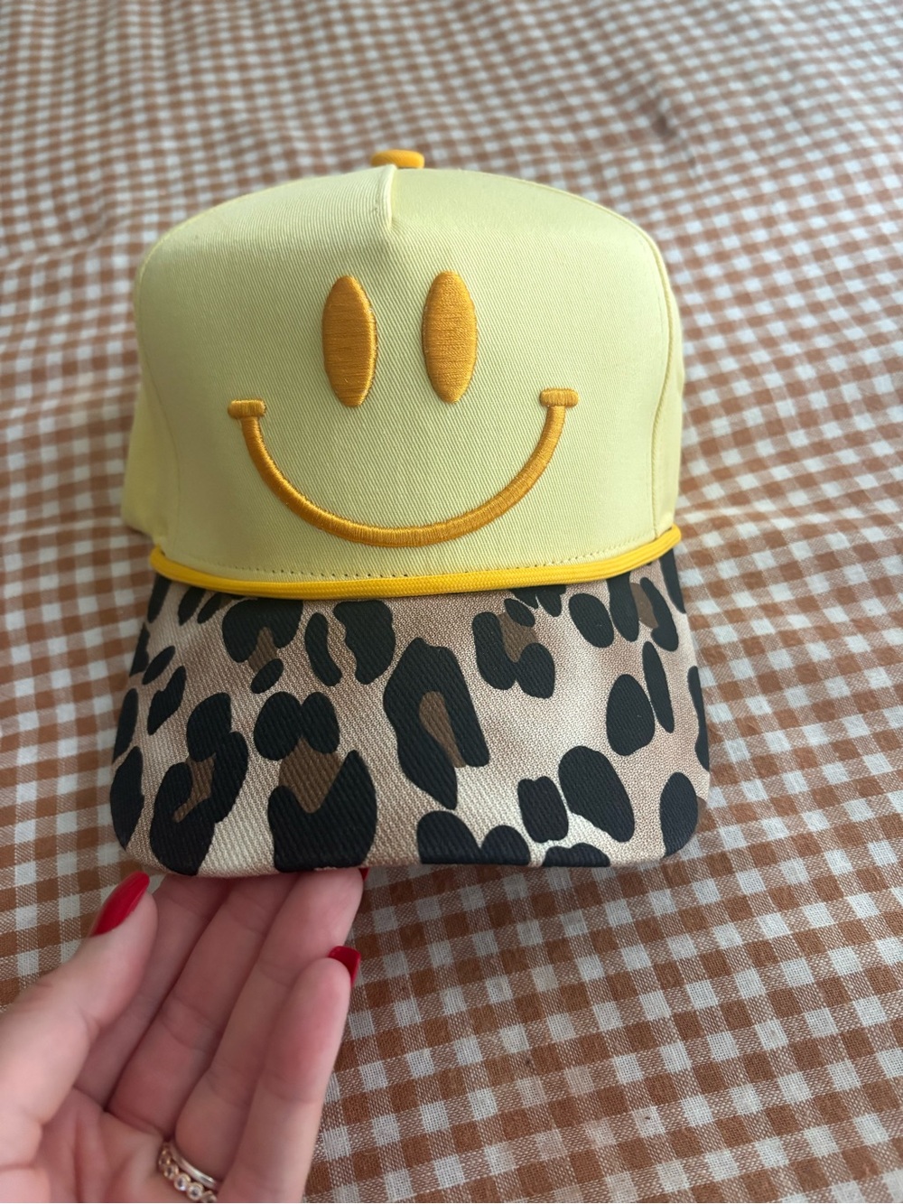 Yellow Smiley trucker hat with Leopard Print Brim